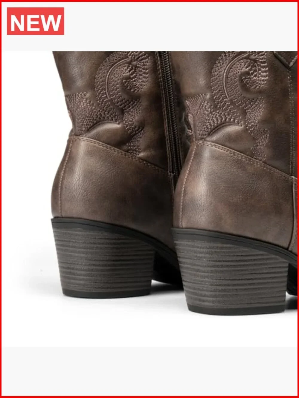 Faux Leather Embroidered Western Ankle Booties Low Chunky Heel - Picture 4 of 7